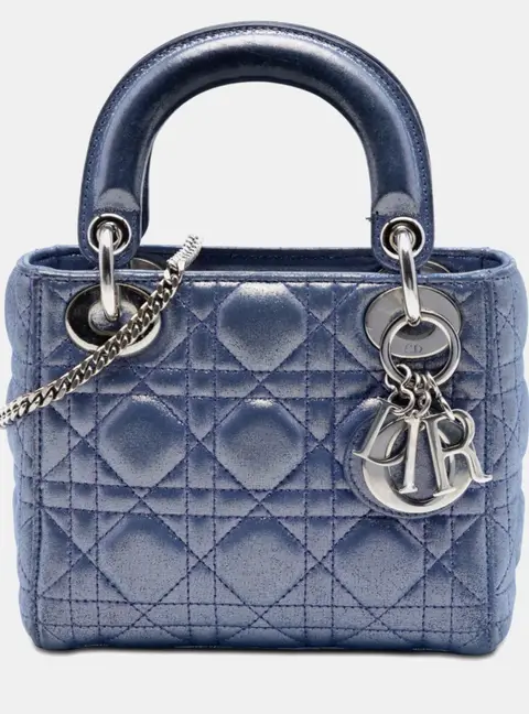 Dior Lady Dior Mini Blue Iridescent Lambskin Cannage Silver Hardware Top Handle Bag