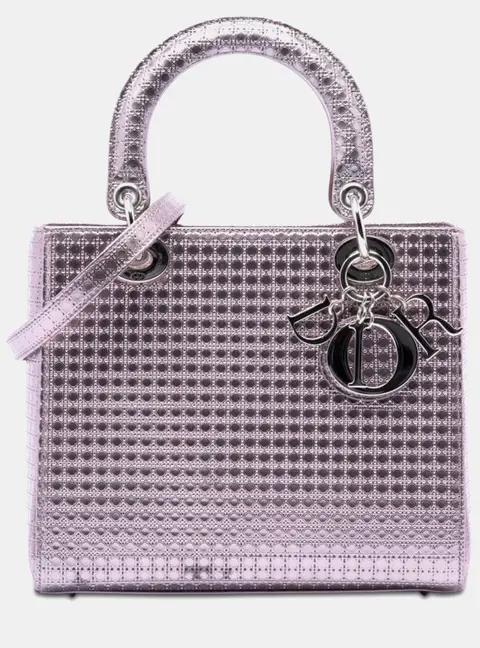 Dior Lady Dior Medium Pink Metallic Patent Leather Top Handle Bag