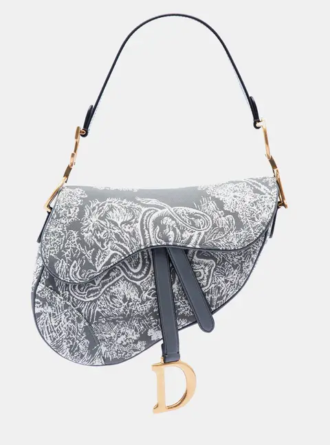 Christian Dior Saddle Medium Gray Canvas Embroidered Reverse Toile De Jouy Shoulder Bag