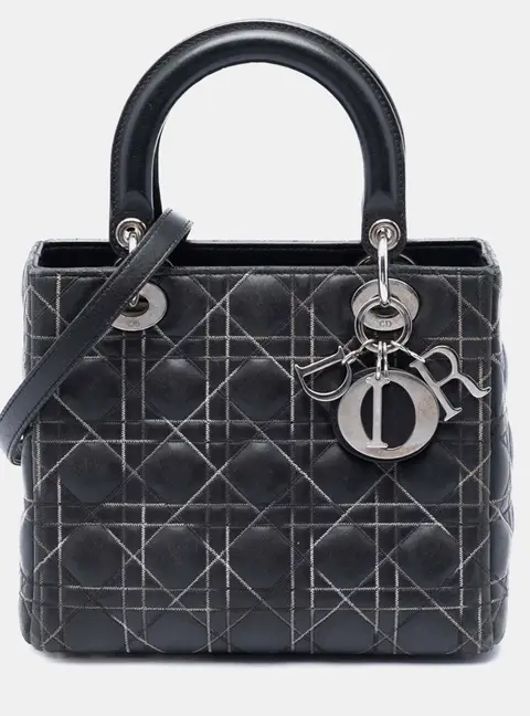 Dior Black Christian Dior Lady Dior Medium Black Lambskin Leather Top Handle Bag