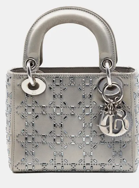 Christian Dior Mini Lady Dior Grey Satin Crystal Embellished Top Handle Bag