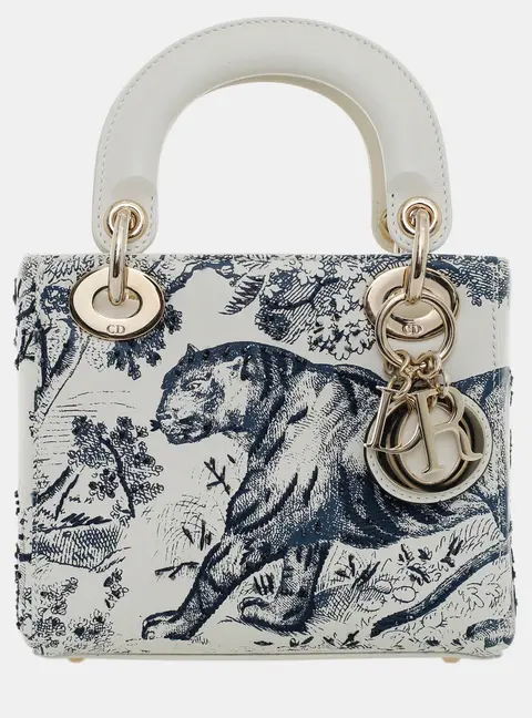 Dior Lady Dior Mini White Navy Blue Toile de Jouy Embroidered Canvas Top Handle Bag