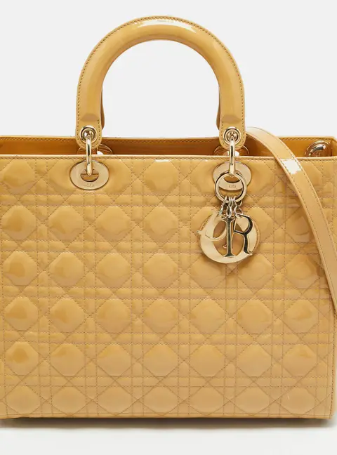 Dior Lady Dior Large Light Yellow Cannage Patent Leather Tote