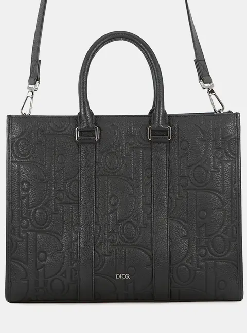 Dior East-West Medium Black Grained Calfskin Leather Tote Bag