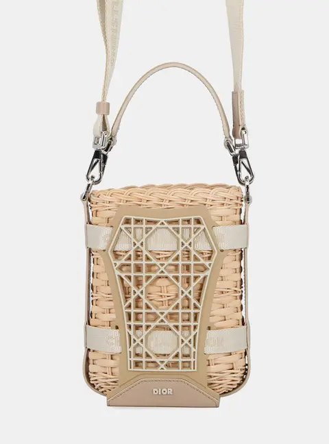 Dior Sahara Small Beige Rattan Calfskin Leather Rubber Shoulder Bag
