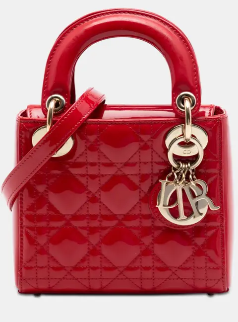 Christian Dior Lady Dior Mini Cherry Red Patent Calfskin Leather Top Handle Bag