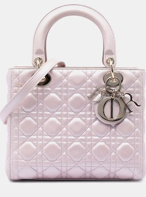 Christian Dior Lady Dior Medium Pink Pearlescent Lambskin Leather Top Handle Bag