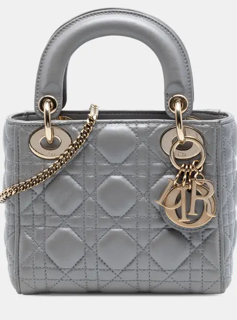 Christian Dior Mini Lady Dior Stone Gray Cannage Lambskin Top Handle Bag