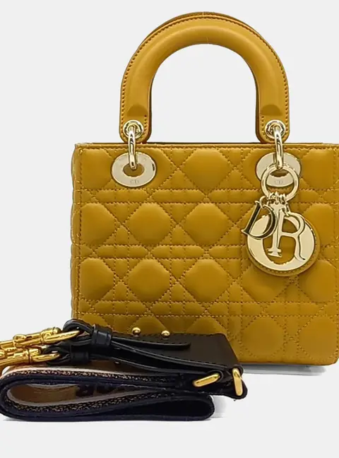Christian Dior Lady Dior Small Yellow Lambskin Leather Top Handle Bag
