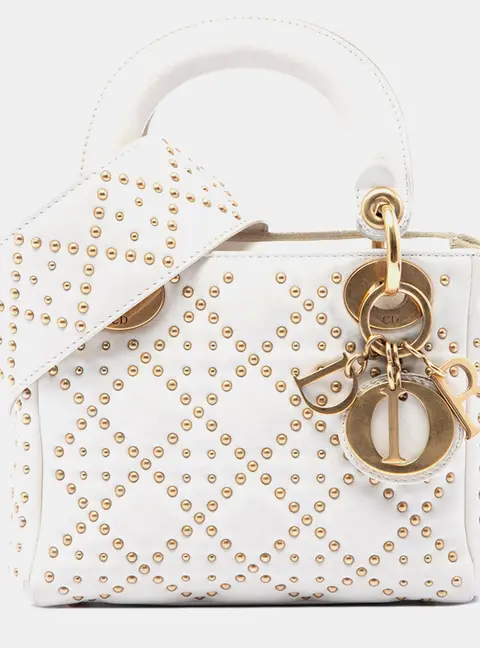 Christian Dior Supple Lady Dior Mini White Lambskin Leather Top Handle Bag