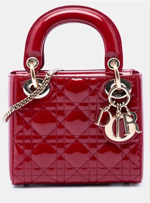 Christian Dior Lady Dior Mini Cherry Red Patent Cannage Calfskin Top Handle Bag