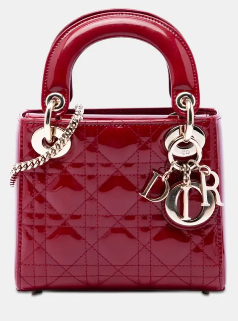 Christian Dior Lady Dior Mini Cherry Red Patent Cannage Calfskin Leather Top Handle Bag