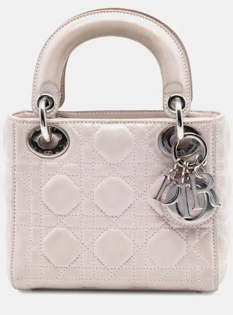 Christian Dior Mini Lady Dior Light Pink Iridescent Cannage Lambskin Leather Top Handle Bag