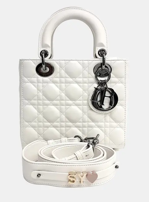Dior Lady Dior Small White Cannage Lambskin Leather Top Handle Bag