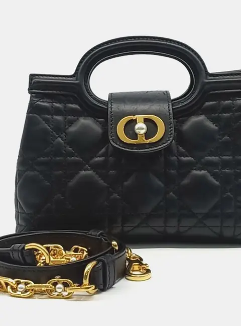 Christian Dior Jolie Mini Black Cannage Lambskin Leather Top Handle Bag