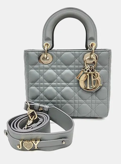 Dior Lady Dior Small Grey Cannage Lambskin Leather Top Handle Bag