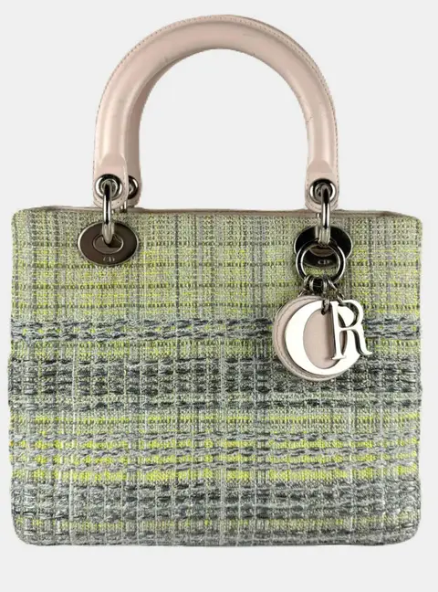 Christian Dior Lady Dior Medium Green Pink Beige Tweed Leather Top Handle Bag