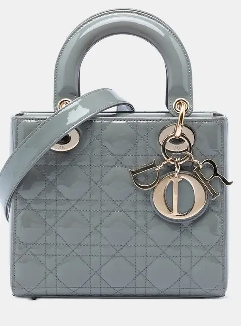 Christian Dior Lady Dior Small Gray Patent Leather Top Handle Bag