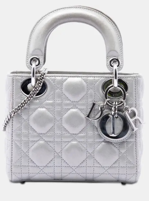 Dior Lady Dior Mini Silver Iridescent Lambskin Cannage Top Handle Bag
