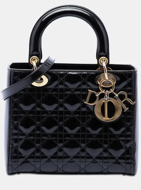 Christian Dior Lady Dior Medium Black Patent Leather Top Handle Bag