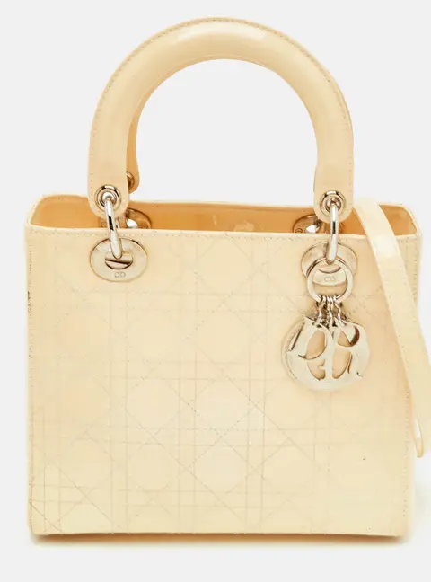 Dior Lady Dior Medium Cream Cannage Patent Leather Tote