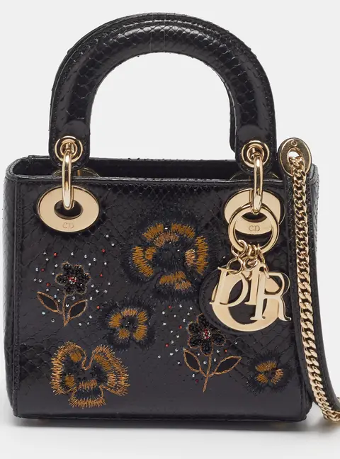 Dior Lady Dior Embellished Mini Black Snakeskin Tote