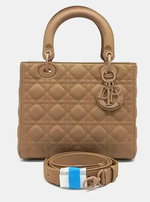 Dior Lady Dior Medium Latte Ultra Matte Cannage Calfskin Leather Top Handle Bag