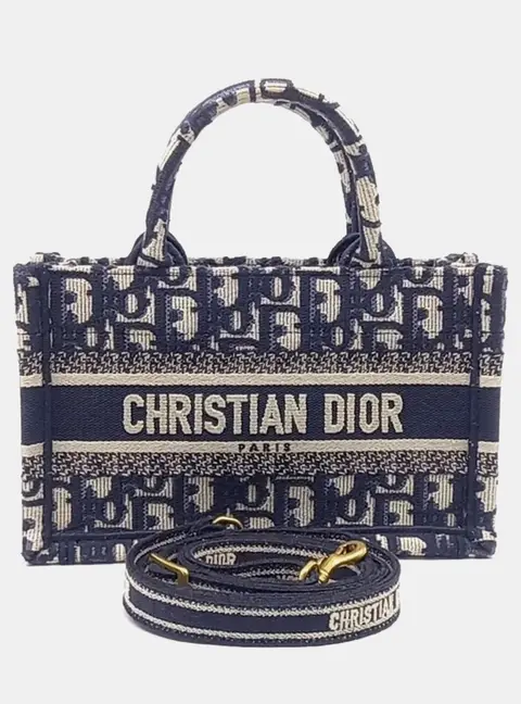 Christian Dior Beige Navy Blue Fabric Book Tote Mini Shoulder Strap Bag S5573CRIW