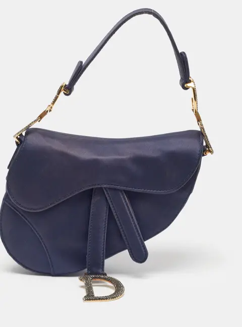 Dior Crystal Embellished Saddle Mini Dark Blue Satin Bag