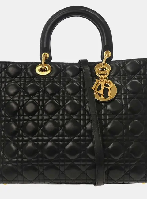 Christian Dior Lady Dior Large Black Lambskin Leather Top Handle Bag