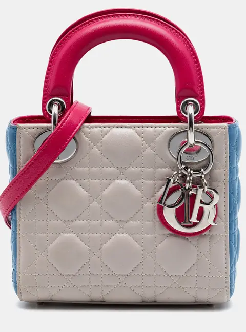 Christian Dior Lady Dior Mini Beige/Pink/Blue Lambskin Leather Top Handle Bag