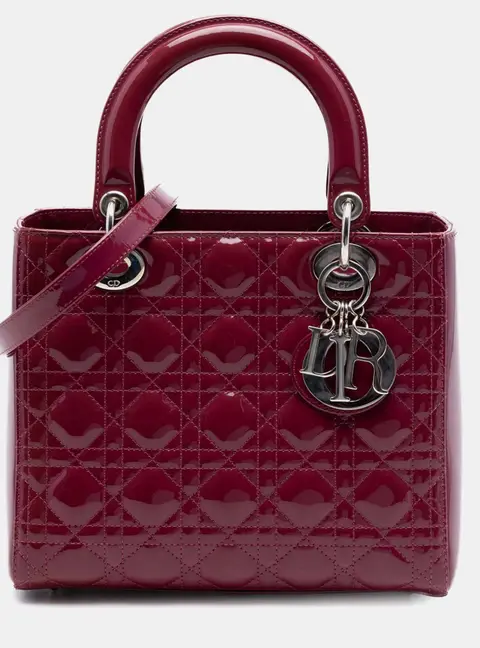 Dior Lady Dior Medium Burgundy Patent Calfskin Leather Top Handle Bag