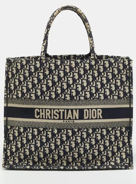 Dior Book Large Navy Blue Oblique Embroidered Canvas Tote