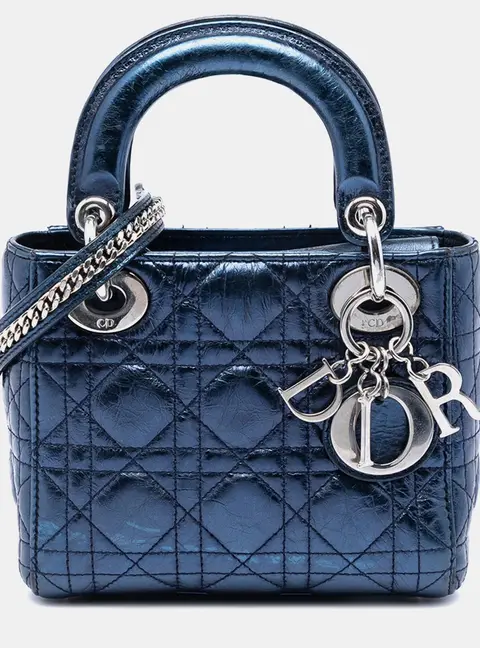 Dior Lady Dior Mini Metallic Navy Blue Crinkled Lambskin Top Handle Bag
