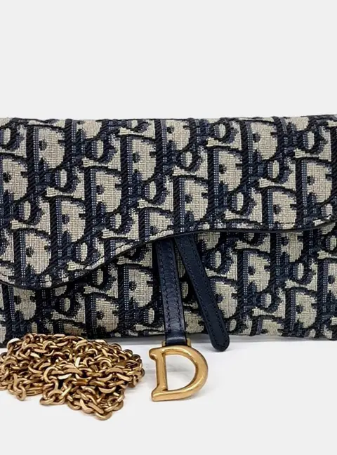 Christian Dior Beige Navy Blue Fabric Oblique Saddle Chain Crossbody Bag