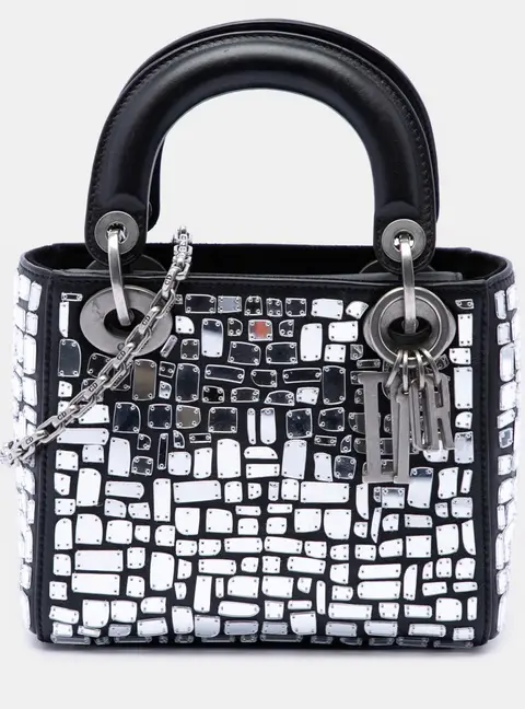 Christian Dior Lady Dior Mini Black Smooth Calfskin Embroidered Mosaic of Mirrors Top Handle Bag