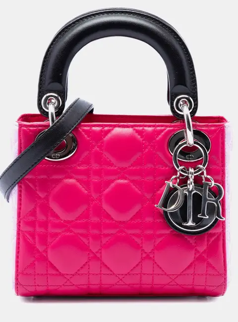 Dior Lady Dior Mini Fuchsia Light Pink Black Lambskin Leather Top Handle Bag