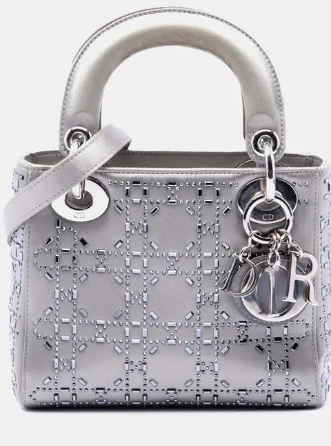 Christian Dior Lady Dior Mini Grey Satin Crystal Top Handle Bag