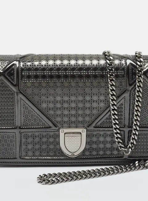 Dior Diorama Dark Grey Micro Cannage Patent Leather Wallet on Chain