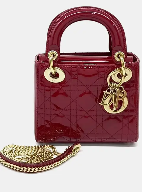 Christian Dior Lady Dior Mini Red Patent Cannage Leather Top Handle Bag