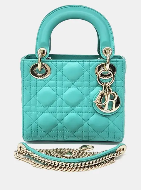 Dior Lady Dior Mini Turquoise Patent Leather Top Handle Bag