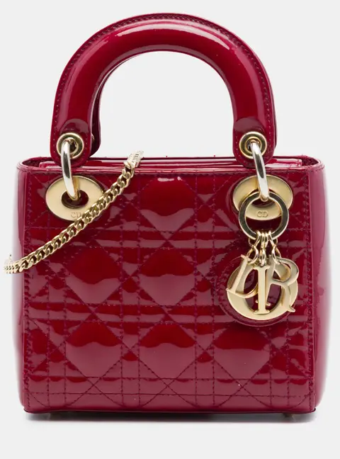 Christian Dior Mini Lady Dior Cherry Red Patent Calfskin Leather Top Handle Bag
