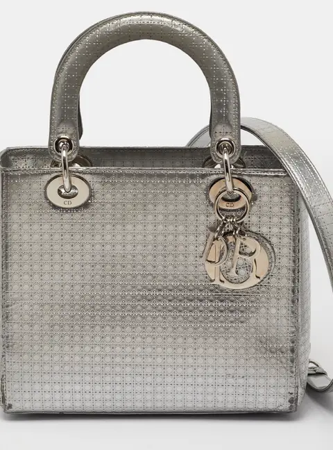 Dior Lady Dior Medium Silver Micro Cannage Patent Leather Tote
