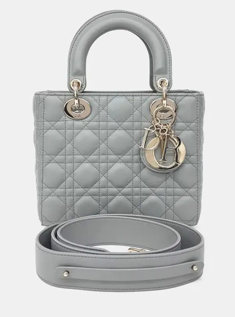Christian Dior Lady Dior Small Gray Cannage Lambskin Leather Top Handle Bag