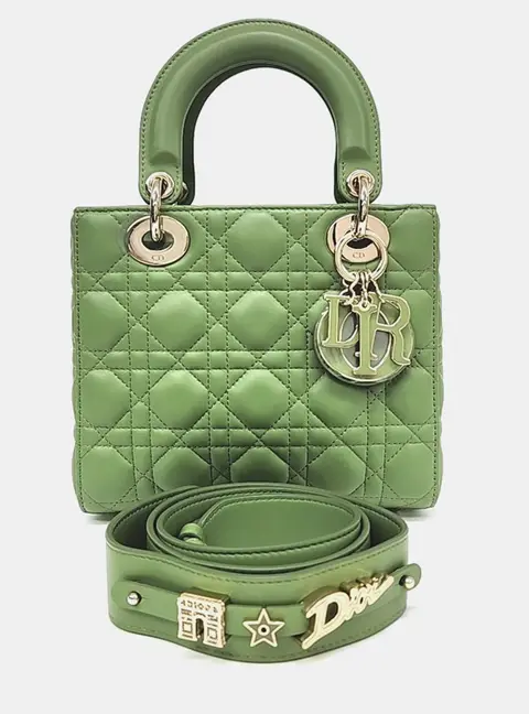 Christian Dior Lady Dior Small Green Cannage Calfskin Leather Top Handle Bag