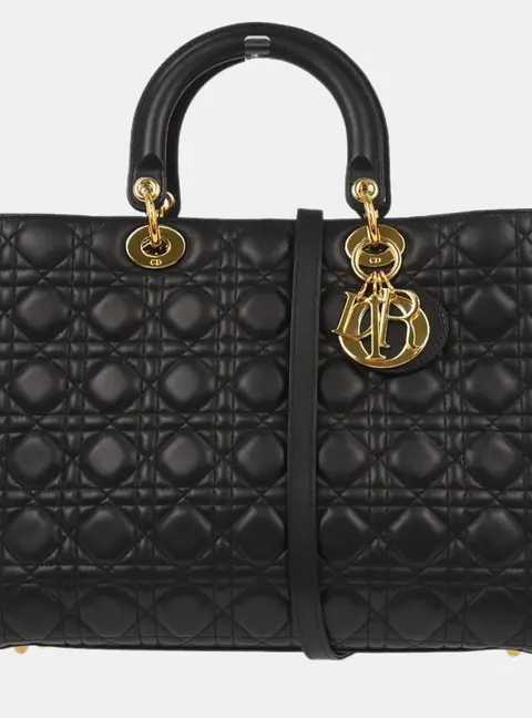 Christian Dior Lady Dior Large Black Lambskin Cannage Shoulder Top Handle Bag