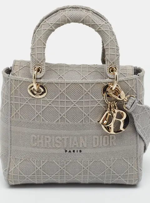 Dior Lady D-Lite Medium Grey Cannage Embroidered Canvas Tote