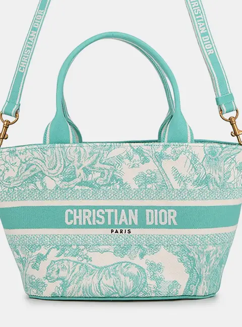 Dior Toile De Jouy Embroidery Pannier Aquamarine Canvas Tote Bag