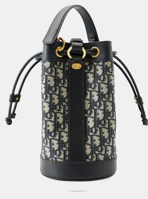 Dior Bucket Small Black Navy Oblique Canvas Calfskin Leather Drawstring Bag