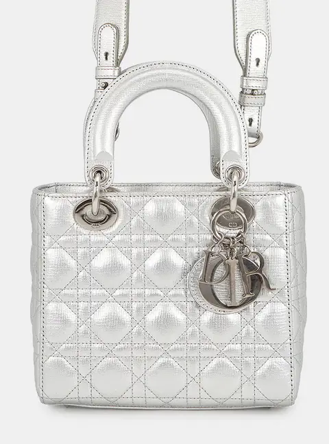 Dior Lady Dior Small Silver Metallic Leather Top Handle Bag